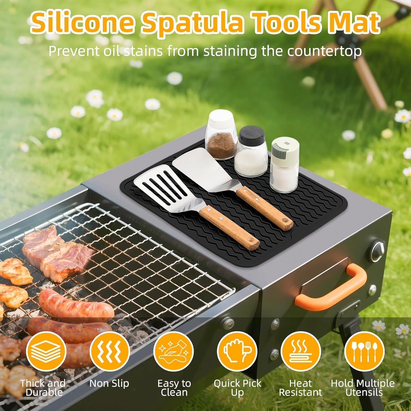 Blackstone Griddle Accessories Silicone Grill Side Shelf Tool Mat, Outdoor BBQ Spatula Mat, with Drip Pad Kitchen Countertop Heat Resistant Mat (Black)