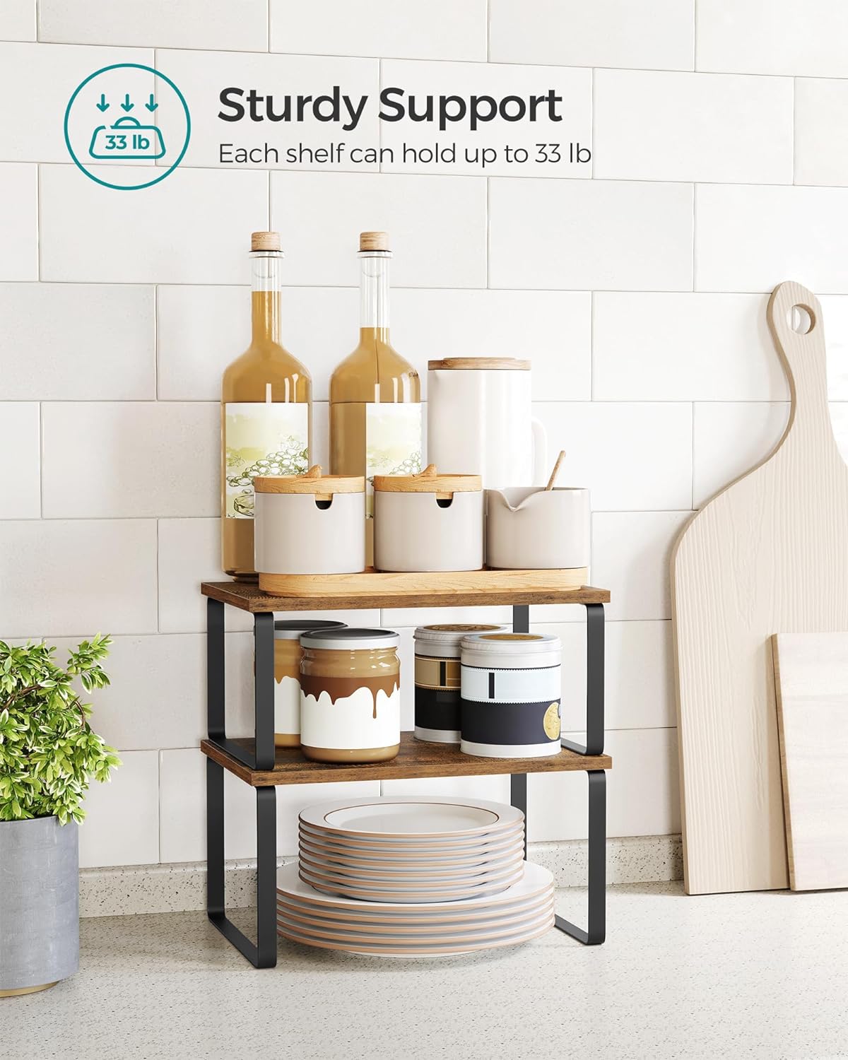 SONGMICS Cabinet Organizer Shelf, Set of 4 Kitchen Counter Shelves, Kitchen Storage, Spice Rack, Stackable, Expandable, Metal and Engineered Wood, Ink Black and Rustic Brown UKCS021X01