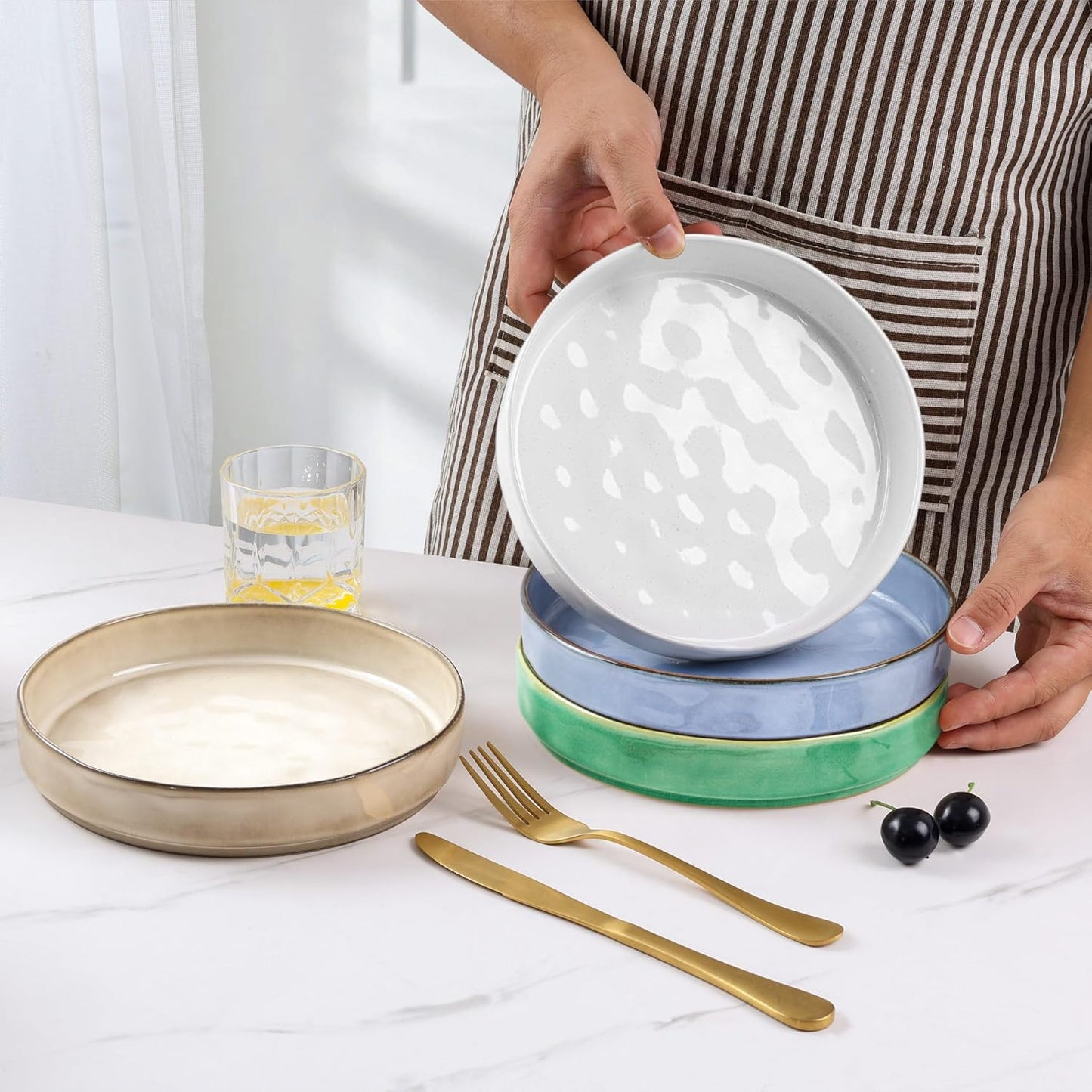 E-far Pasta Bowls Set of 4, 30oz Shallow Salad Bowls for Dinner Serving, 8.25" Stoneware Ceramic Bowl Plates for Noodle Soup, Microwave & Dishwasher Safe, Reactive Glaze, Assorted Colors