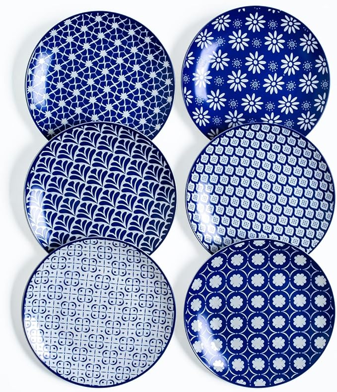 AntoKueh Ceramic Salad Plates Set of 6, 8 Inch Blue and White Small Dessert Plates, Porcelain Plate for Appetizer, Snacks, Dishwasher & Microwave Safe