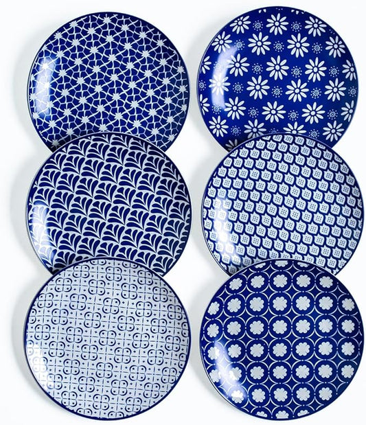 AntoKueh Ceramic Salad Plates Set of 6, 8 Inch Blue and White Small Dessert Plates, Porcelain Plate for Appetizer, Snacks, Dishwasher & Microwave Safe