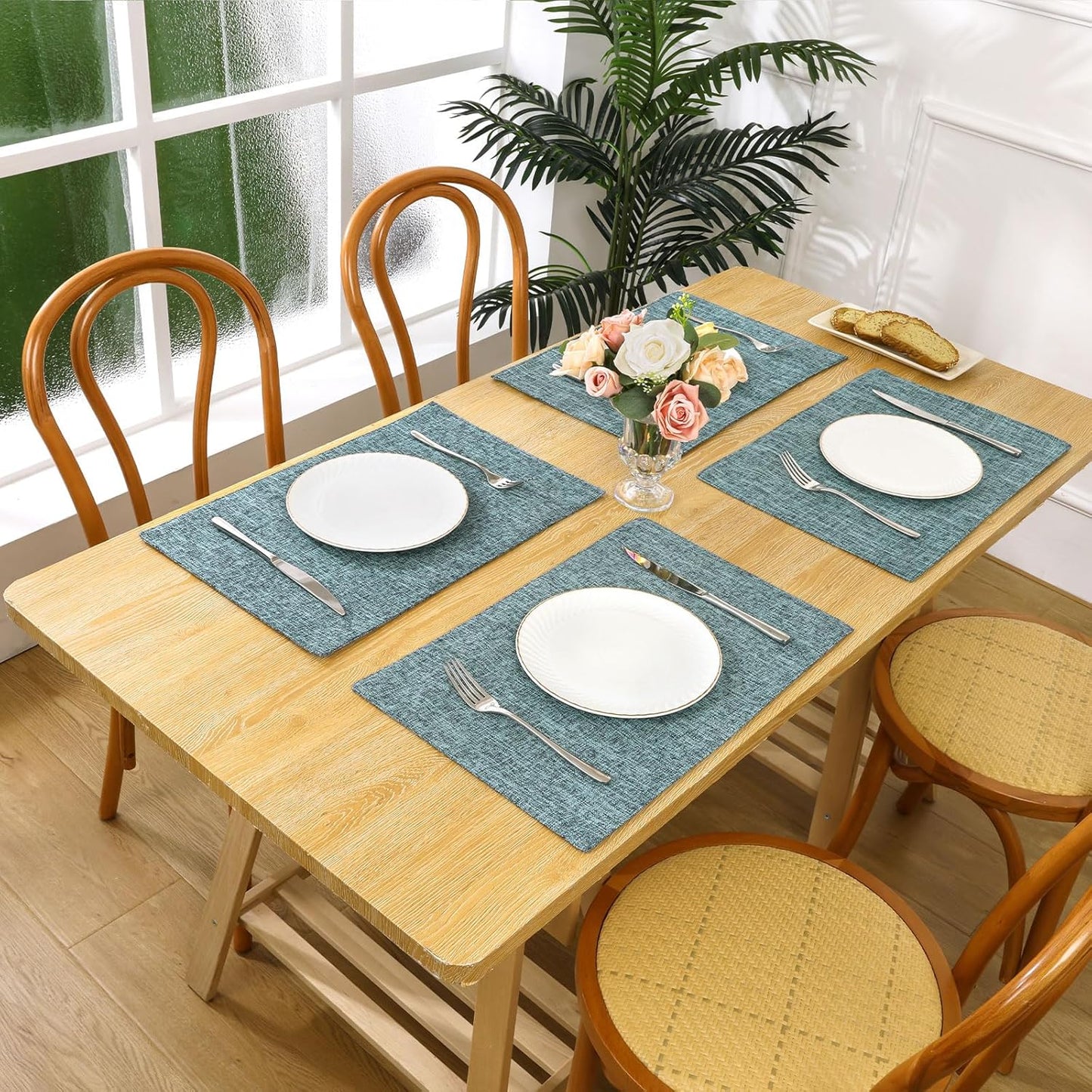 SHACOS Washable Fabric Placemats Set of 4 Heat Resistant Double Layer Cloth Table Mats Non Slip Farmhouse Place Mats, Blue Grey