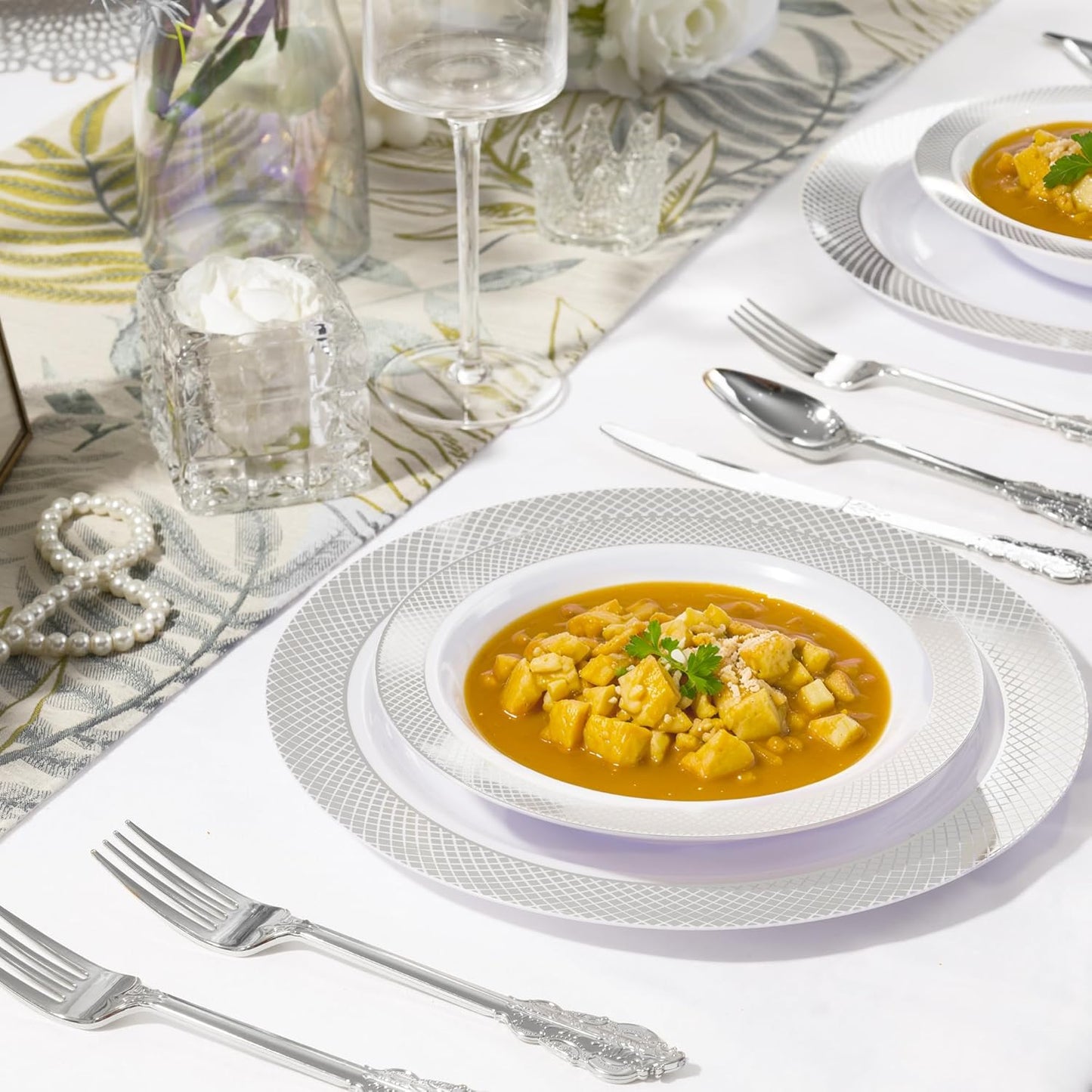 I00000 100 Silver Plastic Bowls,12 OZ White Disposable Bowls,Fancy Plastic Salad Bowl,Premium Heavy Duty Disposable Soup Bowl for Parties,Weddings,Dinners, Catering, Picnics