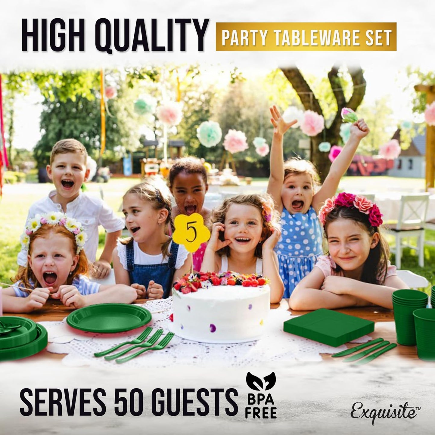 Party Solids 350 Pieces Emerald Green Plastic Plates For Party, Emerald Green Disposable Plates Set, 50 Of Each 9" Dinner Plate Set, 7" Dessert Plate, Cups, Napkins & Cutlery Plastic Dinnerware