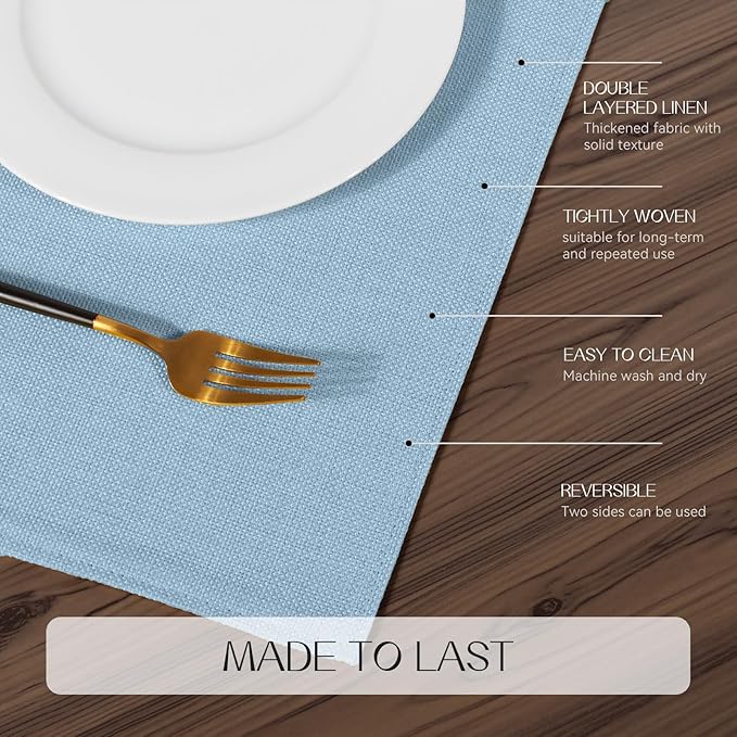 Romanstile Cloth Placemats Set of 4-12 x 18 Inch, Heat Resistant Double Layered Thickened Burlap Place Mats, Washable Faux Linen Farmhouse Table Mats for Kitchen/Dining/Party/Outdoor, Blue