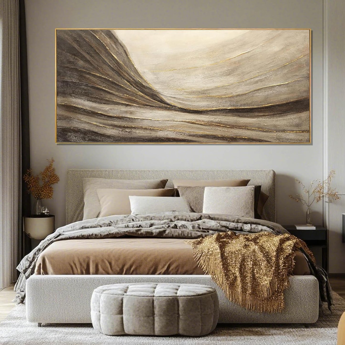 MLART99 Brown And Gold Wave Minimalist Artwork Textured Wall Art Rustic Abstract Oversized Decoration - 32x70 Inch Extra Large Contemporary Canvas for Living Room Entryway Decor