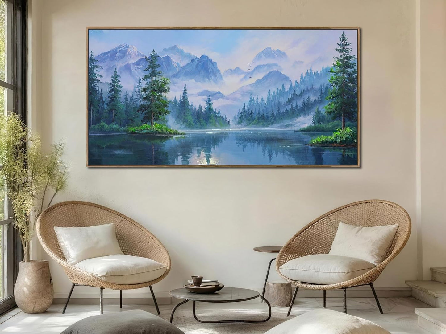 Ardemy Extra Large Landscape Canvas Wall Art for Living Room Framed Lake Teal Pictures Bedroom Wall Decor Textured Misty Forest Scenery Paintings Artwork for Walls Home Office, 58"x29"
