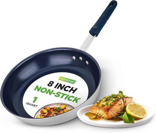 NutriChef 8" Small Fry Pan - Small Skillet Nonstick Frying Pan with Silicone Handle, Ceramic Coating, Blue Silicone Handle, Stain-Resistant, And Easy To Clean, Professional Home Cookware
