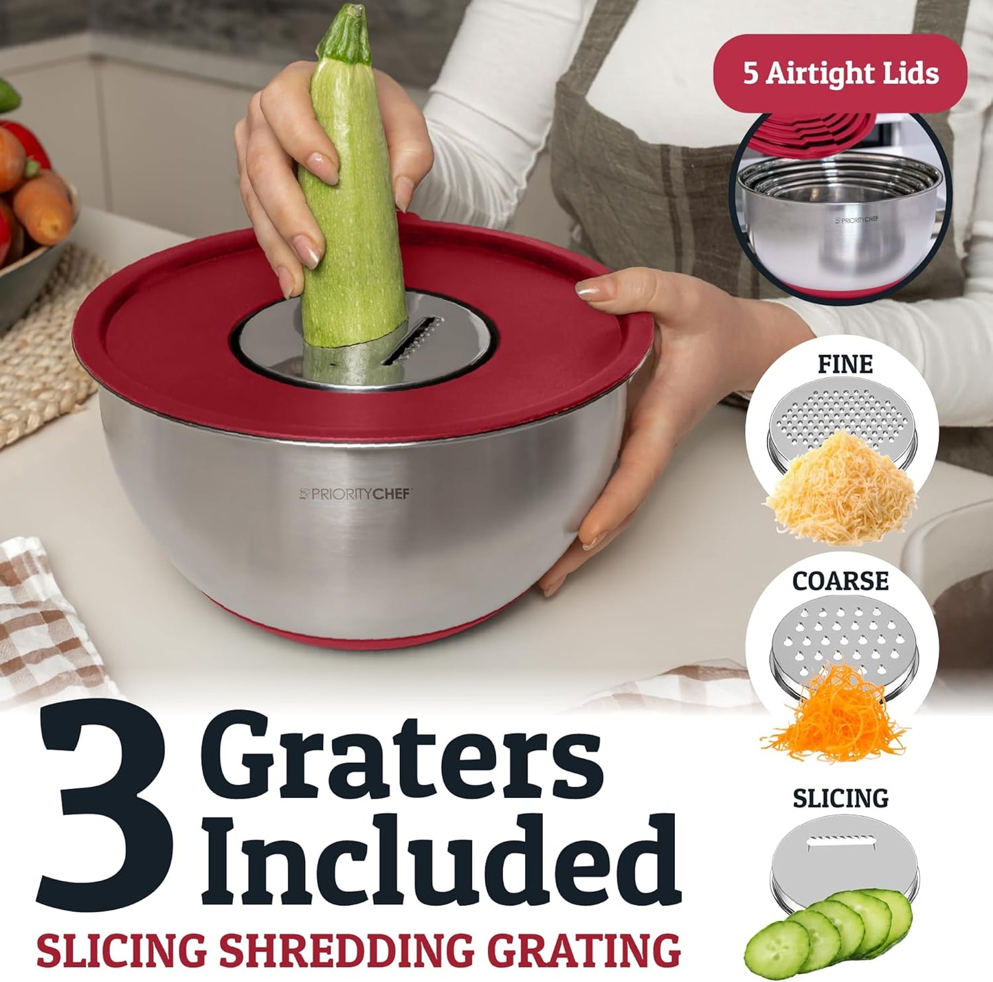 Priority Chef Stainless Steel Mixing Bowls with Lids Set, Metal Nesting Bowls with Airtight Lids, Graters, Non-Slip Base & Measurement Marks, Includes Utensil Set for Prep, Baking & Storage, Red