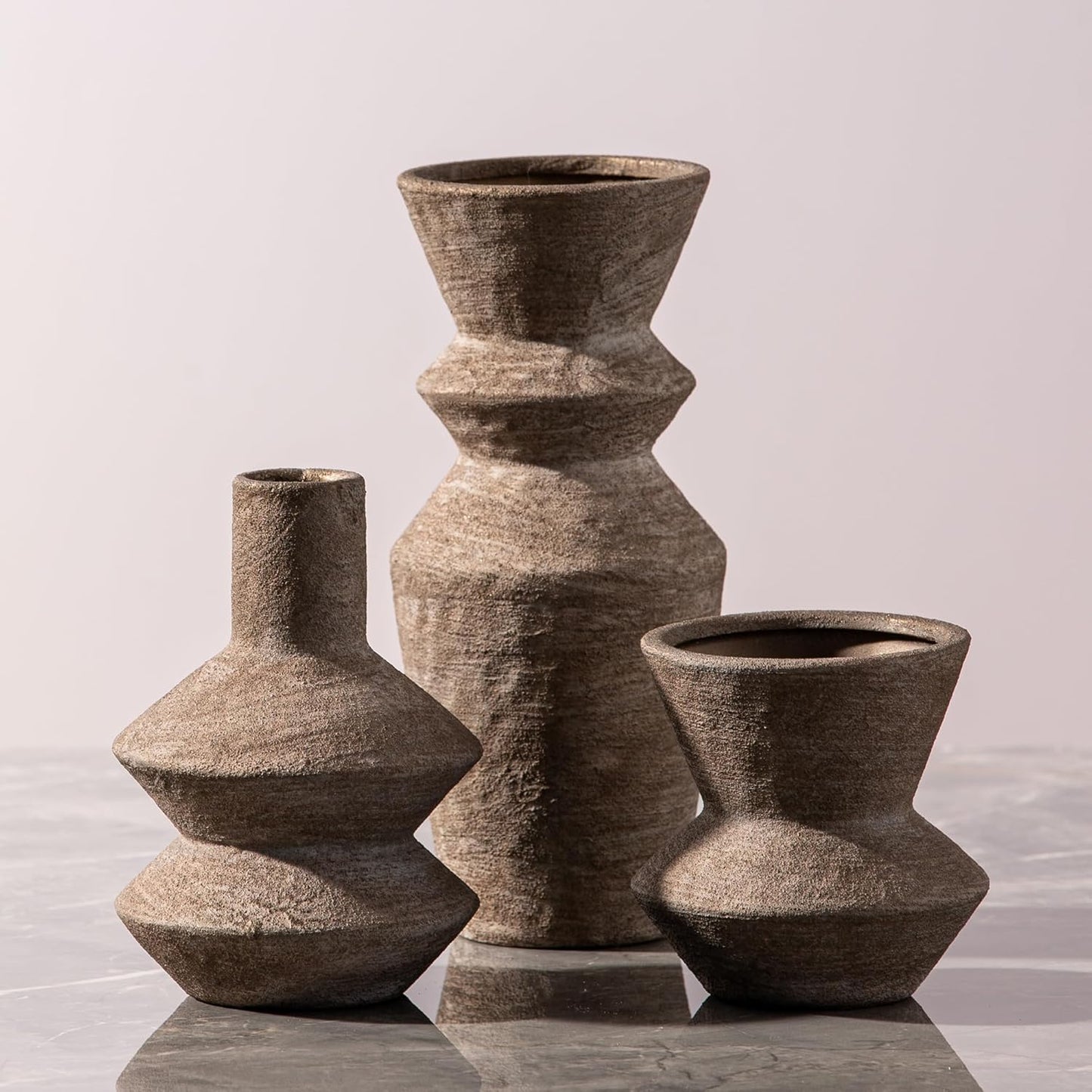 Ceramic Vase Home Table Decor - Brown Flower Vase Set of 3 Living Room Kitchen Decorations Farmhouse Modern Rustic Vases Decorative Centerpiece for Shelf Bedroom Office Bathroom Dining Coffee Desk