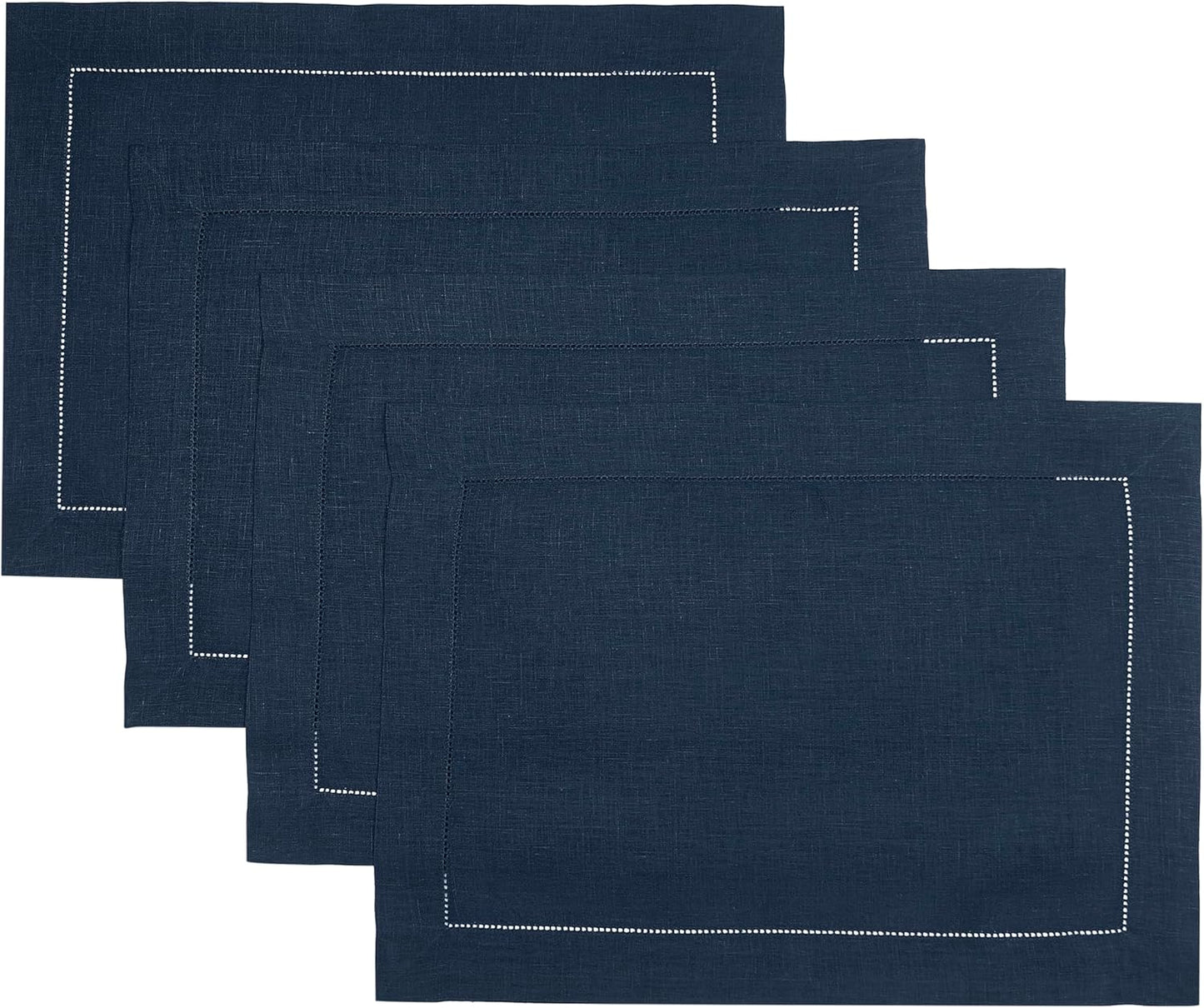 D'Moksha Homes Linen Placemats Set of 4 - Classic Hemstitch Navy Blue Placemats 14 x 19 Inch - 100% Pure Linen Table Mats for Fall, Autumn and Halloween - Handcrafted and Machine Washable