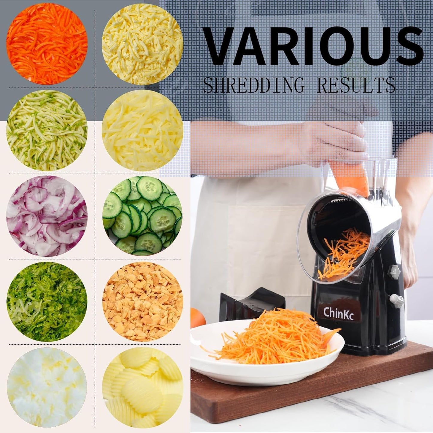 Rotary Cheese Grater Shredder - Upgraded 5 in 1 Cheese Grater with Handle and Strong Suction Base, Multi-purpose Julienne Slicer Ice Shaver Nuts Grinder for Ice, Vegetables, Fruit, Nuts