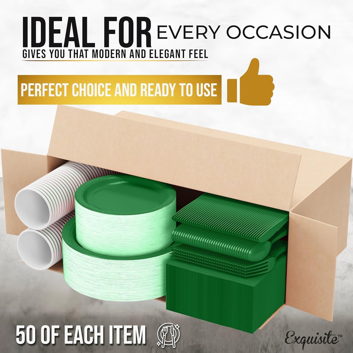 Exquisite 350 Pcs Emerald Paper Plates For Party, Emerald Disposable Plates Set, 50 Of Each 9" Dinner Plate Set, 7" Dessert Plate, Cups, Napkins & Cutlery Paper Dinnerware