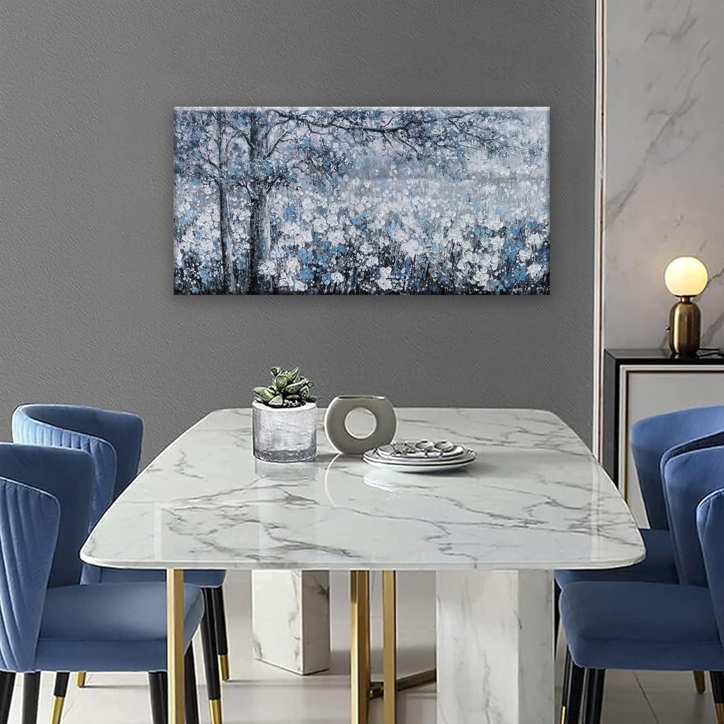 wall art canvas prints botanical wall art decor Blue And White Abstract Tree Flower Landscape dorm wall decor Artwork for Bedroom Home Office Dining Room Decoration 20''×40''