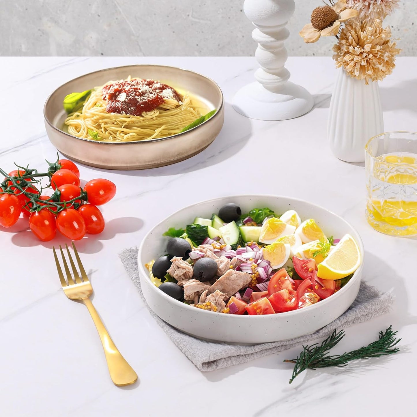 E-far Pasta Bowls Set of 4, 30oz Shallow Salad Bowls for Dinner Serving, 8.25" Stoneware Ceramic Bowl Plates for Noodle Soup, Microwave & Dishwasher Safe, Reactive Glaze, Assorted Colors