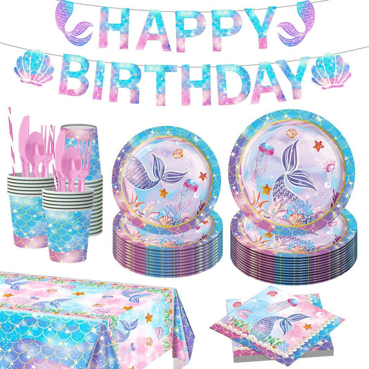 Mermaid Party Supplies Plates and Napkins Sets,Mermaid Birthday Decorations Disposable Plates for Baby Shower, Mermaids Theme Tableware with Cups, Tablecloth, Birthday Banner for Kids Girls, Serve 24