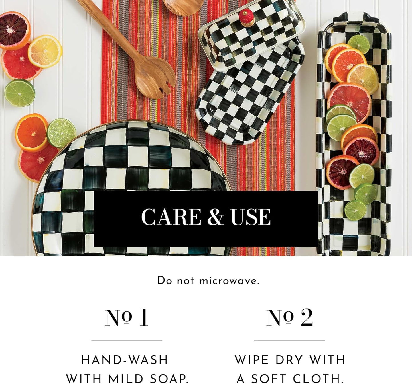 MACKENZIE-CHILDS Enamel Abundant Bowl, Decorative or Serving Bowl, 13-Cup Capacity, Gray-and-White Sterling Check