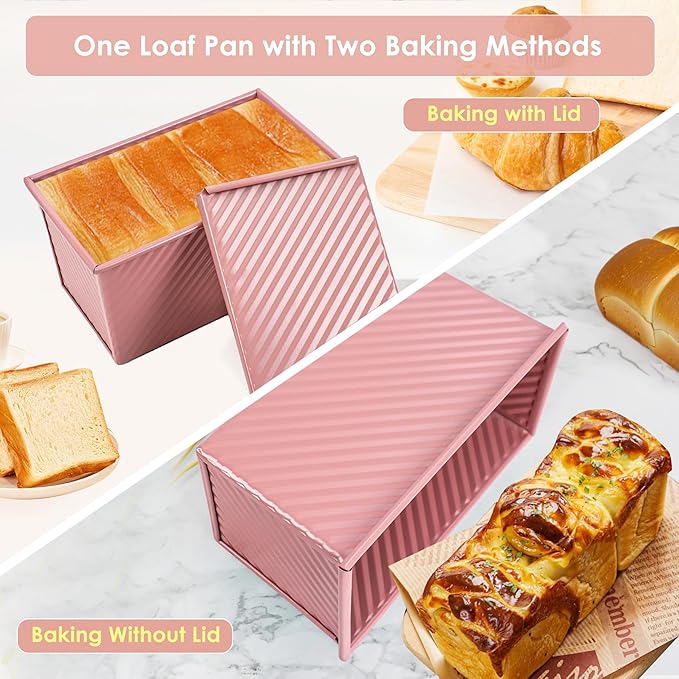 Unique Pink 1LB Bread Loaf Pan with Lid, Non-stick Safe Coating, Compact and Stylish Pullman Loaf Pan with Lid for Sandwich Loaves, Elevate Home Baking Aesthetics