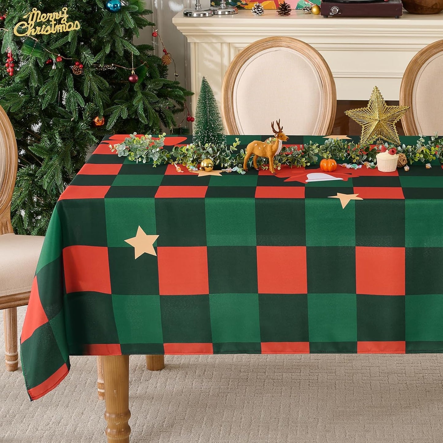 Christmas Tablecloth Rectangular 60x102 Inch Waterproof, Machine Washable Checkered Polyester Table Cover for Xmas Party, Winter Holiday Home Decoration in Festive Checkered Star 1pack