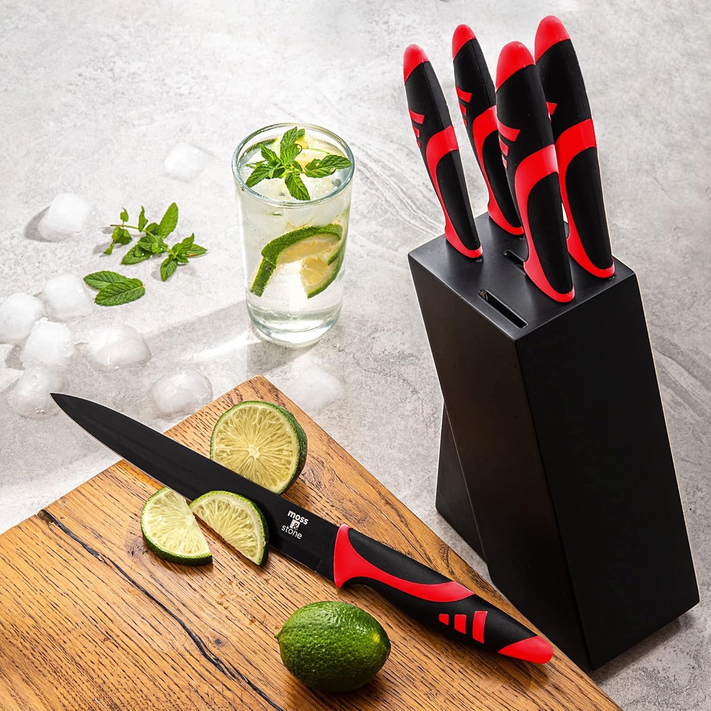 Moss & Stone 7-Piece Kitchen Knife Set with Block – Black Titanium Plated Stainless Steel Kitchen Knives, High Carbon Blades, Compact Cutlery Set for Home Cooking, Small Knife Set Black Wood Block