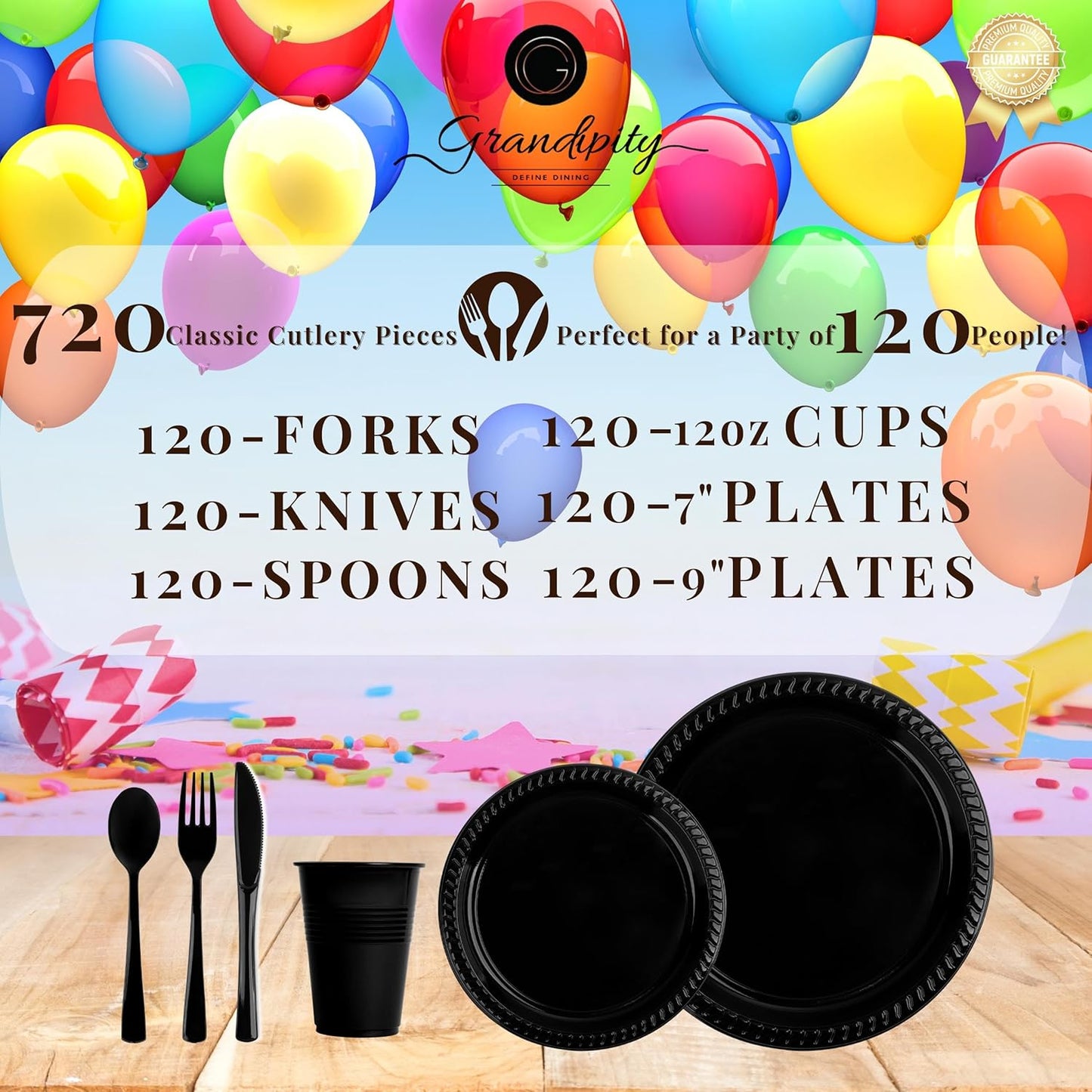 720-Piece Black Disposable Dinnerware Set - 120 Guest Plastic Dinnerware Set - 9" Dinner Plates, 7" Dessert Plates, 12oz Cups, Forks, Knives & Spoons