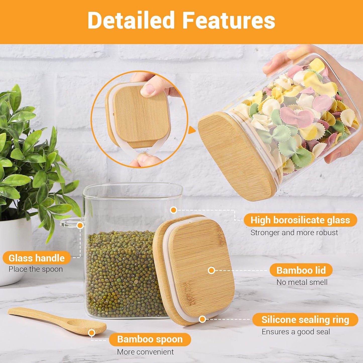 Glass Storage Jars with Airtight Lid - 2 Pack 28 Fl.oz Square Glass Containers with Bamboo Lids and Spoon, Includes Labels and Marker, Cereal Container Tea Canister for Flour, Beans, Sugar