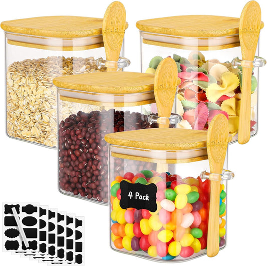 Glass Jars with Bamboo Lids - 4 Pack 24 Fl.oz Square Glass Mason Jars with Airtight Lid and Spoon, Clear Kitchen Pantry Container Stackable Food Canister for Coffee, Sugar, Tea, Candy, Cookie