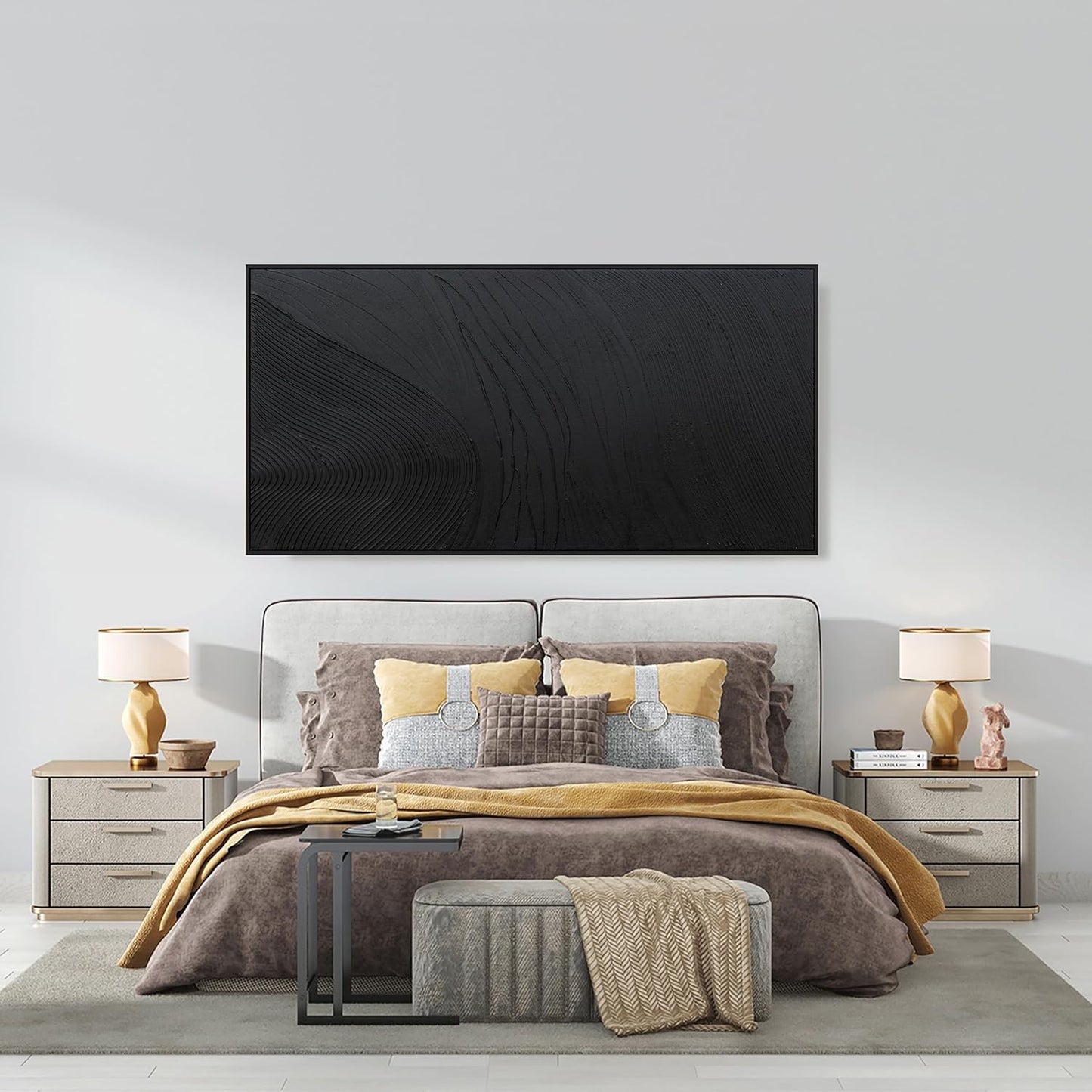 Framed Abstract Wall Art For Living Room Wall Decor Artwork 48" W X 24" H Black Hand Painted Line Texture Canvas In Large Abstract Artwork For Living Room Bedroom Office Modern Glam Decor Ready To Hang