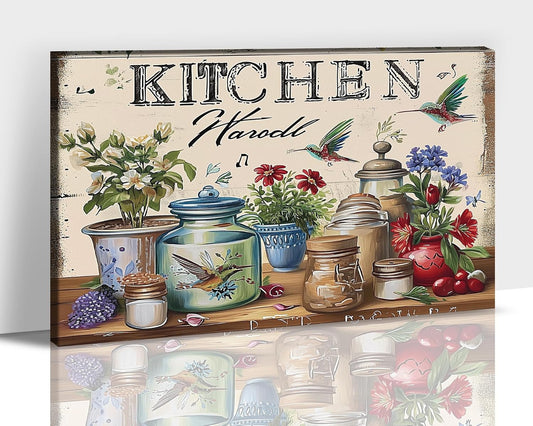 GUTTATY Farmhouse Wall Art Rustic Kitchen Decor, Ready to Hang Kitchen Canvas Print Colorful Flowers And Bird,Vintage Posters Prints for Dinning Room Home Kitchen Restaurant Painting 28×40 Inch