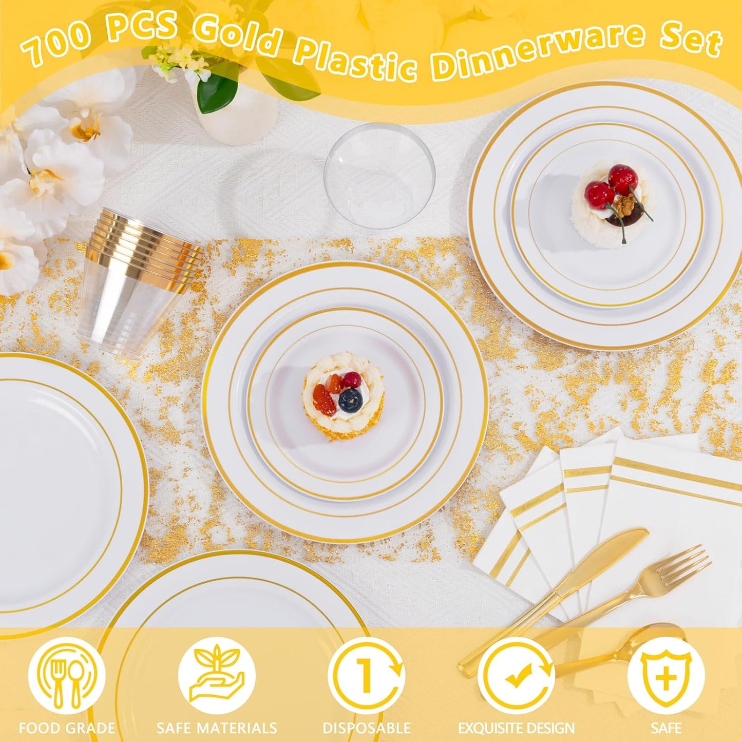 GATHER 700PCS Gold Plastic Plates - Whtie and Gold Disposable Dinnerware Sets 100Guest - 200 Disposable Plate, 300 Plastic Silverware, 100 Cups, 100 Napkins for Wedding & Party & Thanksgiving