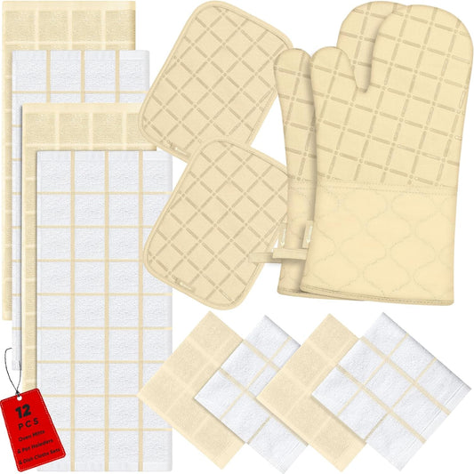 Oven Mitts Pot Holders Sets/Kitchen Towels and Dishcloths, Oven Gloves Kitchen Dish Towels 500 Degree Heat Resistant Potholders with Non-Slip Silicone Surface for Cooking, Grilling, Baking-Beige