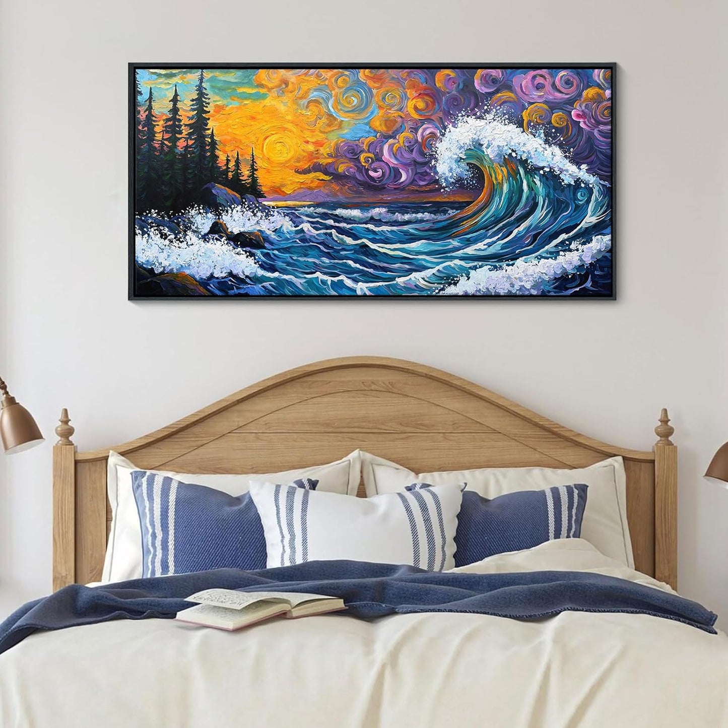 CHATYOUNG Vintage Framed Wall Art, Abstract Beach Waves Sunrise Landscape Van Gogh Style Canvas Paintings Modern Pictures Print Artwork for Living Room Bedroom Kitchen Office Home Wall Decor 20"X40"