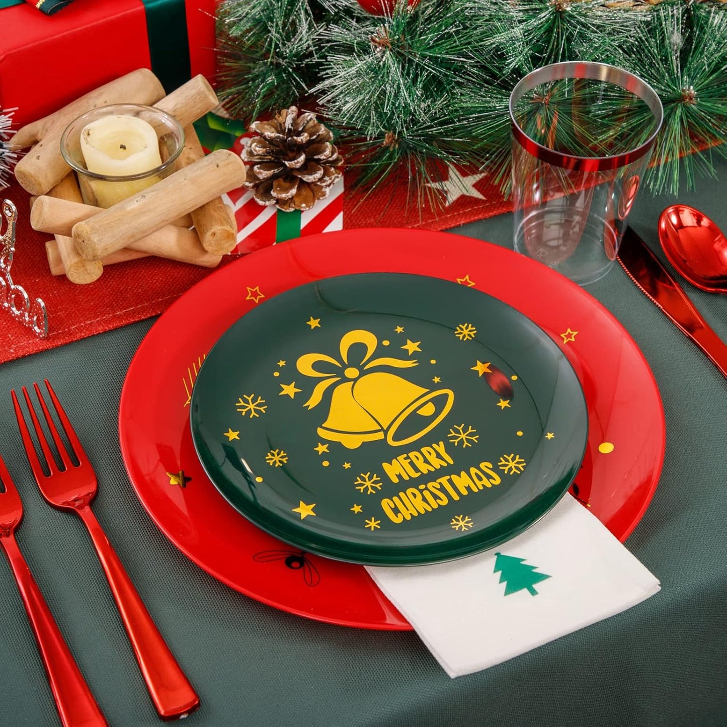 WDF 175pcs Christmas Plates Plastic Disposable - 25Green Plates 25Red Plates with Gold Bells, 75Red Plastic Silverware, 25Clear Cups Red Rim and 25Christmas Tree Napkins for Parties