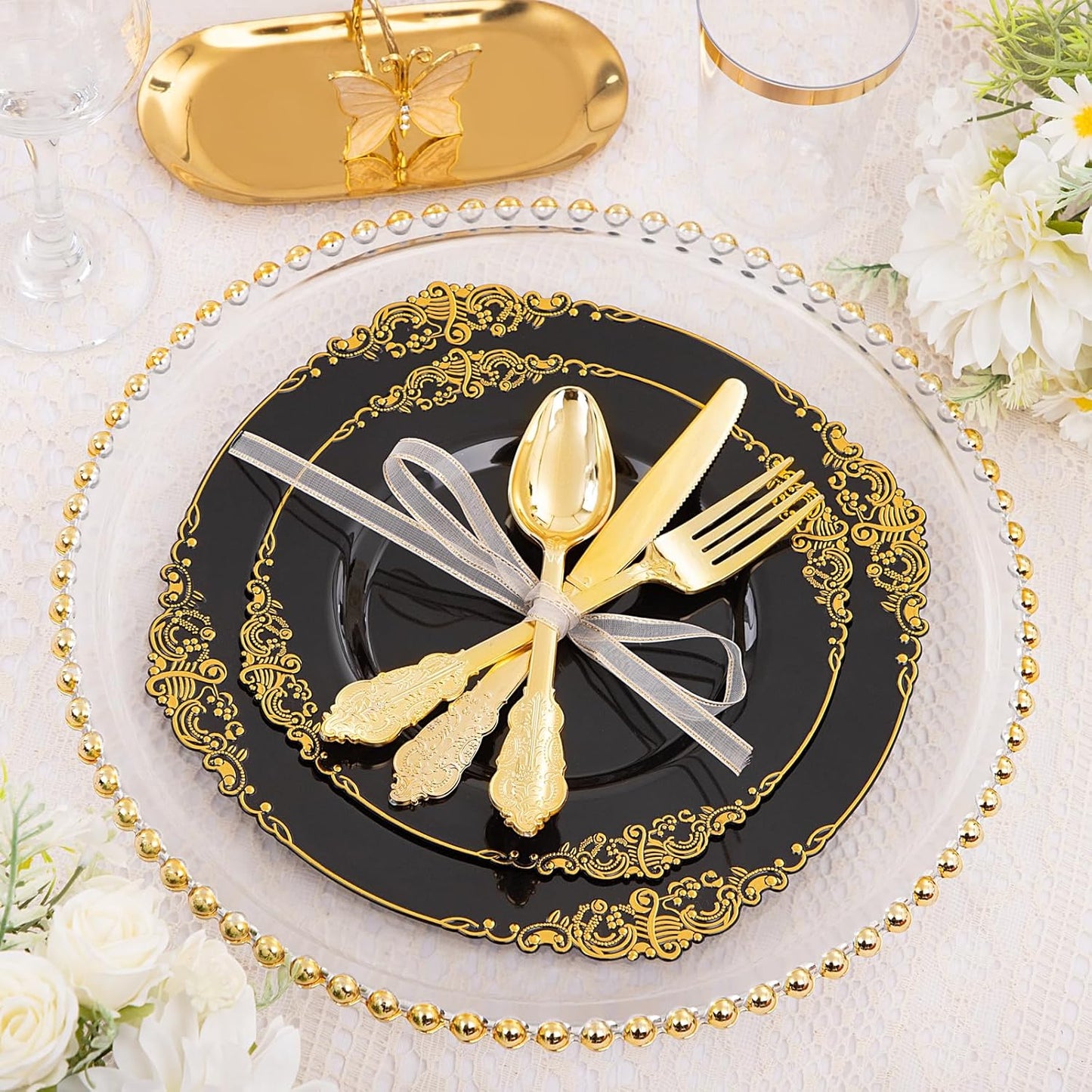 Hioasis 210pcs Black and Gold Plastic Plates - Disposable Dinnerware Set Suitable for 30 Guests Include 10.25" Dinner & 7.5" Dessert Plates, Pre Rolled Silverware Set, Cups for Party & Halloween