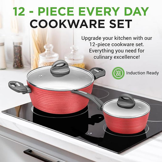 NutriChefKitchen 12-Piece Nonstick Kitchen Cookware Set-PTFE/PFOA/PFOS-Free Heat Resistant Lacquer Kitchen Ware Pots Pan Set Dark Gray/Red- Saucepot, Pans, Cooking Pot Oven Pot,Lid,Utensil - NCCW12RED