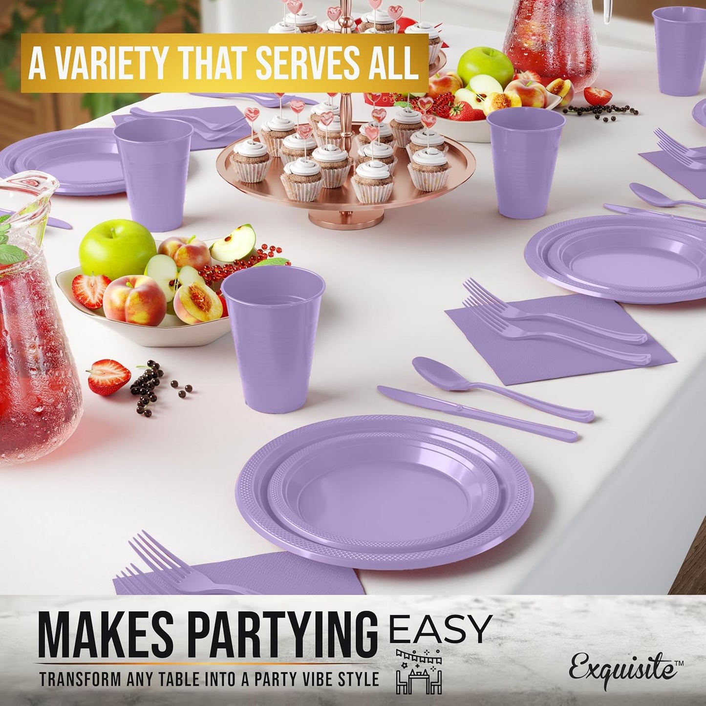 Party Solids 350 Pieces Lavender Plastic Plates For Party, Lavender Disposable Plates Set, 50 Of Each 9" Dinner Plate Set, 7" Dessert Plate, Cups, Napkins & Cutlery Plastic Dinnerware