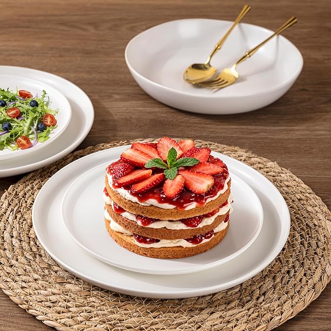 LERATIO Stoneware Dinnerware Sets for 4,Handcarft Ceramic Plates and Bowls Sets,Chip and Scratch Resistant Dishes, Dishwasher & Microwave Safe, Oven safe,Reactive Glaze-White