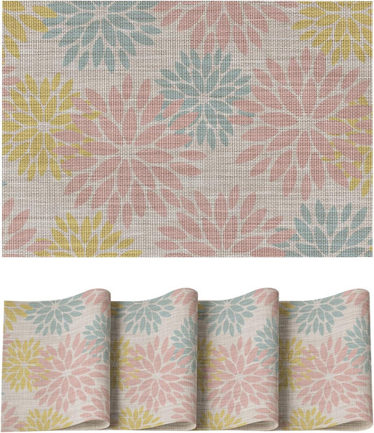 Artoid Mode Floral Vinyl Placemats Set of 4, 12x18 Inch Heat Resistant Washable Non-Slip Plistic PVC Place Mats for Party Kitchen Dining Decor, Pink Blue