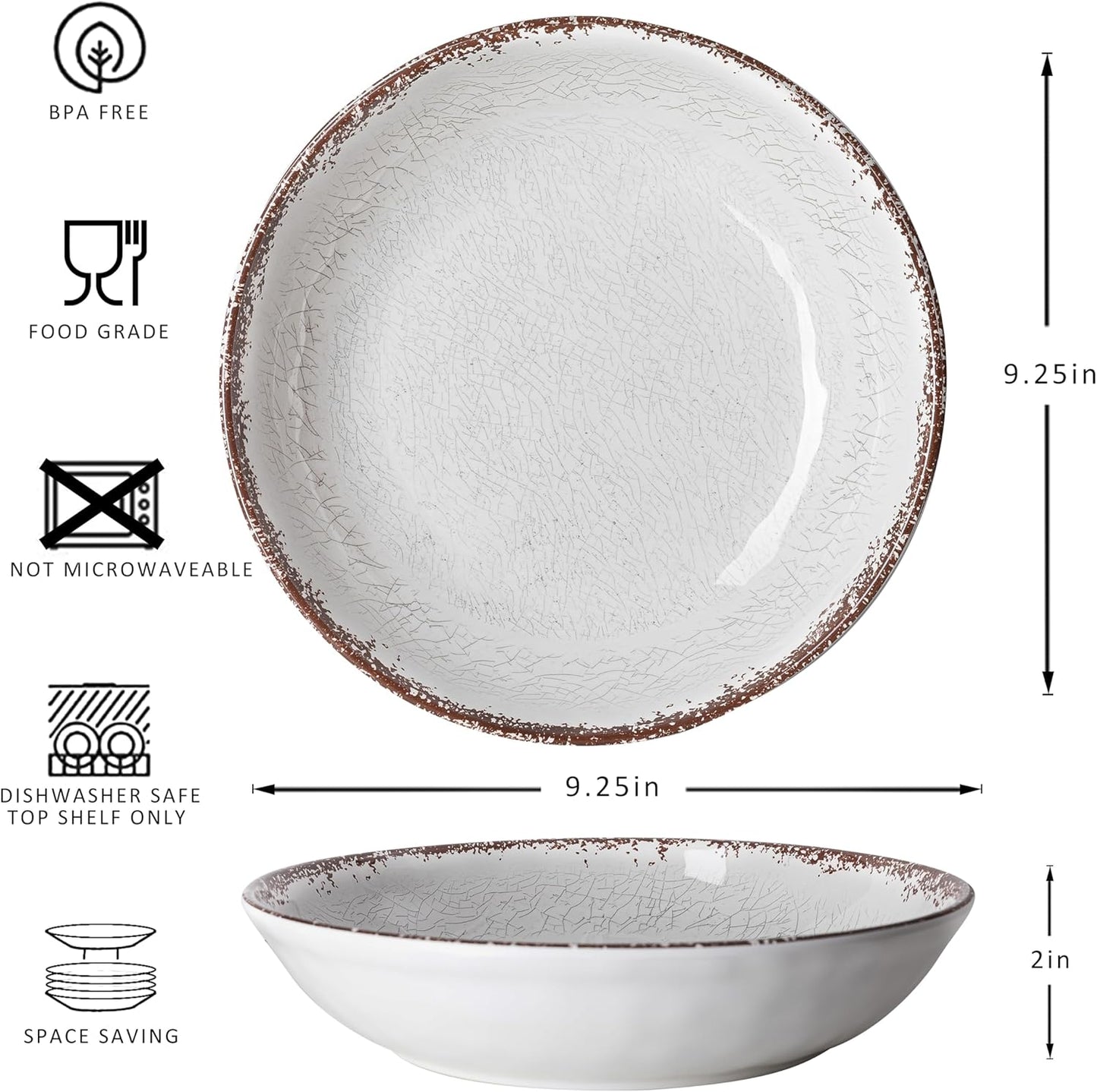 LEHAHA Farmhouse Pasta Bowls, Set of 6, White Melamine Rustic 42 oz Shallow Bowl, Large Salad Bowl, Deep Pasta plate, Dishwasher Safe Serving Bowls.…