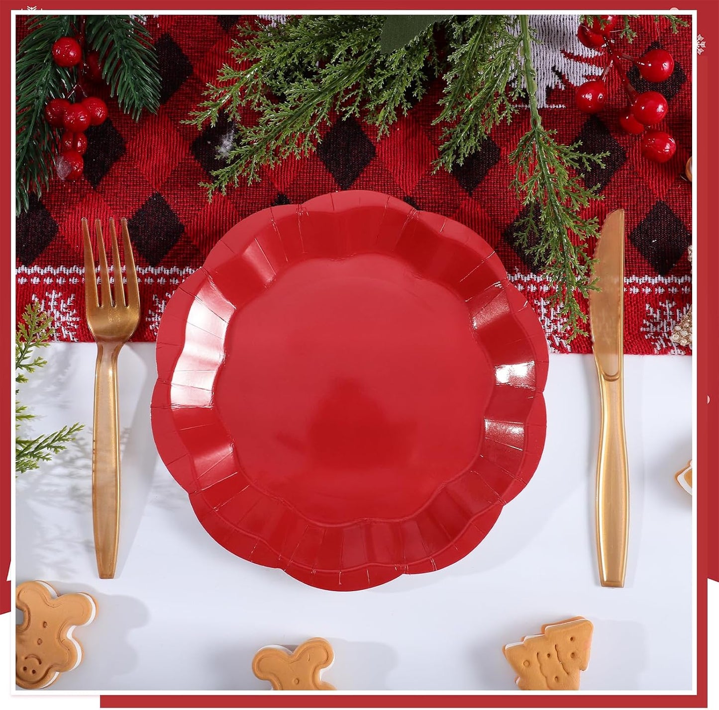 30pcs Christmas Paper Plates 7 Inch Red Scalloped Paper Plate Disposable Dessert Cake Plate for Christmas,Weeding, Birthday, Baby Shower