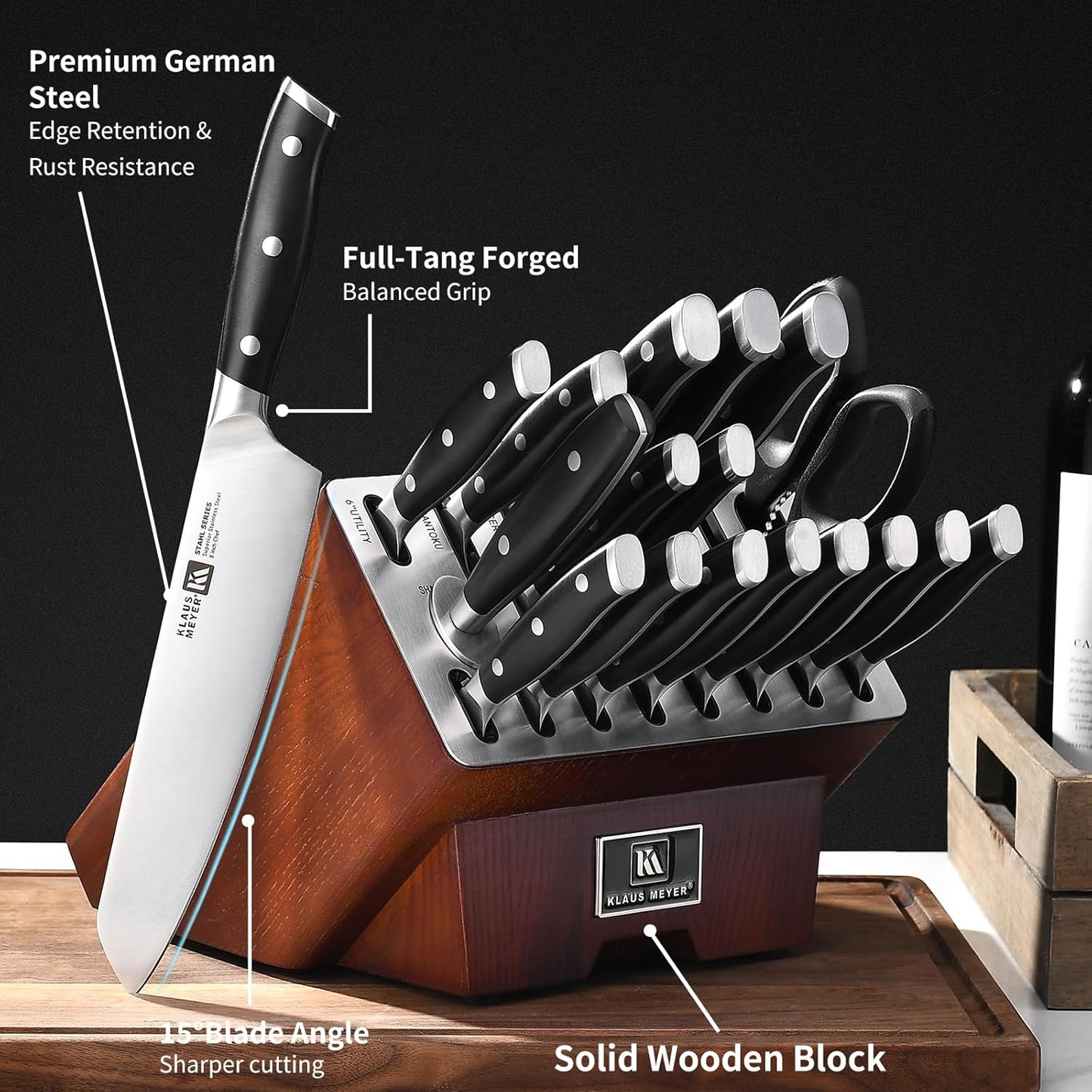 Klaus Meyer Stahl 19 Piece High Carbon Exclusive German Steel Knife Block Set (Black)