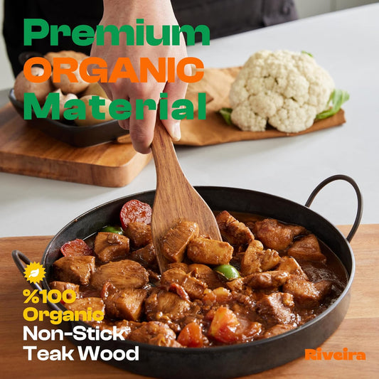 Riveira Teak Wooden Cooking Utensils Set of 3 Natural Teak Wooden Spoons & Spatula, Non-Toxic, Heat-Resistant, Scratch-Free for Non-Stick Cookware