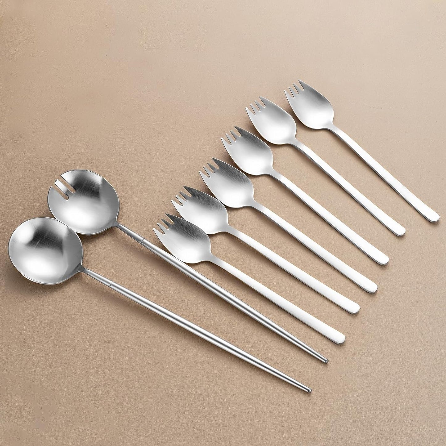 8-Piece Silver Salad Serving Set - 11.4 inch Stainless Steel Spoon & Fork with 6 Salad Forks, Titanium Plating, Dishwasher Safe for Entertaining, Parties