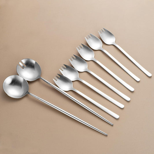 8-Piece Silver Salad Serving Set - 11.4 inch Stainless Steel Spoon & Fork with 6 Salad Forks, Titanium Plating, Dishwasher Safe for Entertaining, Parties