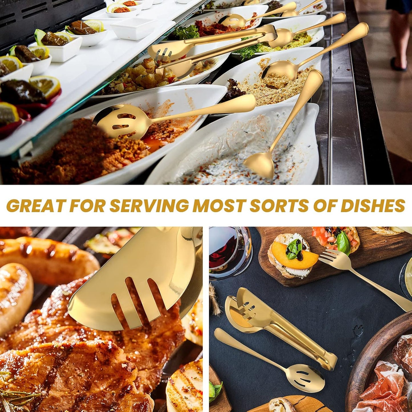 Patelai 8 Pieces Christmas Stainless Steel Gold Serving Utensils Set 8.7" Large Spoons and Slotted Spoon 9.45" Tong 9" Forks Flatware Wedding Party Buffet Banquet Cooking Kitchen Catering