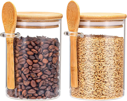Airtight Food Storage Containers, Glass Canister With Wooden Spoon and Lids, 20 Oz Jars for Serving Bath Salt, Sugar, Spice, Coffee, Tea, Cereals, Condiment (2 Set)