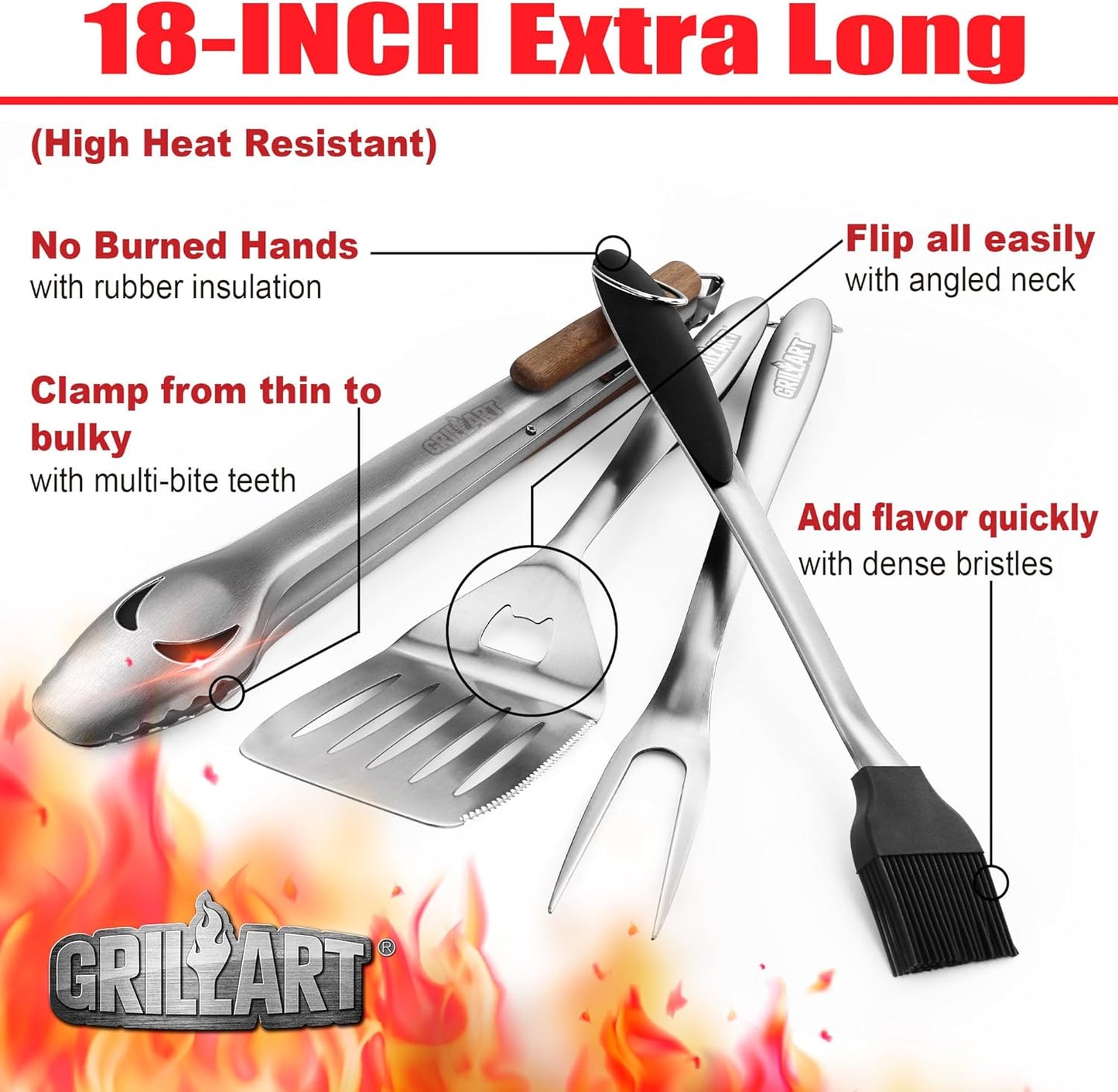 GRILLART BBQ Tools Grill Tools Set -18Inch Grilling Tools BBQ Set - Grill Accessories w/BBQ Tongs, Spatula, Fork, Brush- Stainless Grill Kit Grilling Set - Gift Ideas BBQ Accessories Gifts for Men Dad