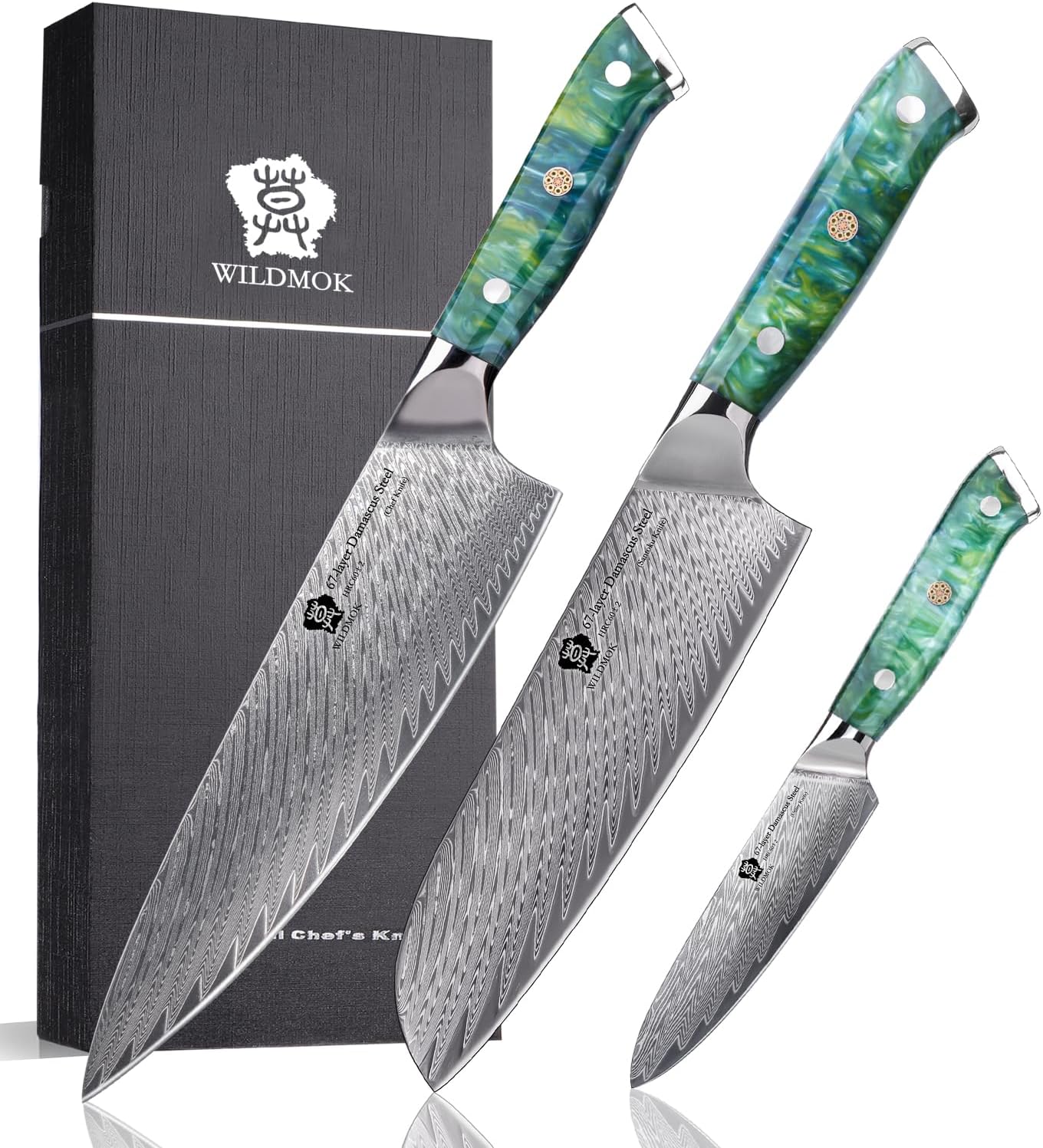 WILDMOK Professional Kitchen Knife Sets 3 PCS,Damascus Steel Chef Knife Set, 3PCS Ultra Sharp Japanese Kitchen Knives, Ergonomic Resin Handle Elegant Gift Box for Home or Restaurant