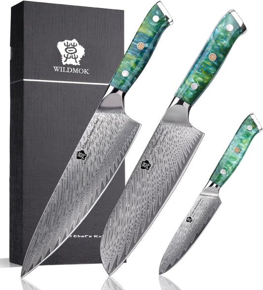 WILDMOK Professional Kitchen Knife Sets 3 PCS,Damascus Steel Chef Knife Set, 3PCS Ultra Sharp Japanese Kitchen Knives, Ergonomic Resin Handle Elegant Gift Box for Home or Restaurant