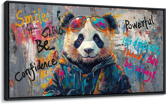 JEAWA Large Canvas Framed Wall Art, Panda Abstract Graffiti Street Art Pop Wall Picture Black and White Paintings Ready to Hang Living Room Bedroom Study Home Office Inspirational Decor 29x58 IN
